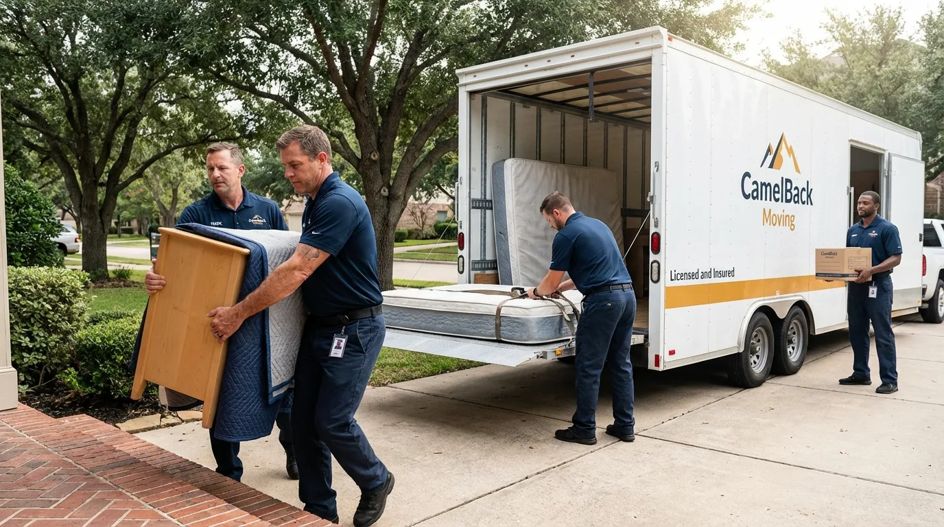 Crew loading residential truck for cross-state move from Haskell, TX
