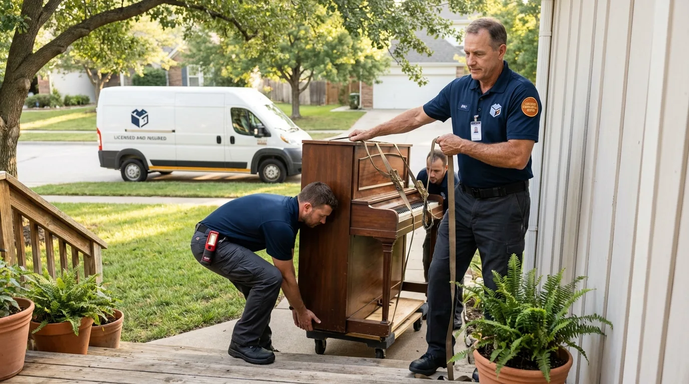 Licensed piano movers securing grand piano in Haskell, TX