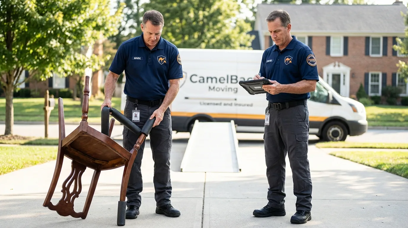 Movers inspecting furniture for damage prevention before loading in Haskell, TX