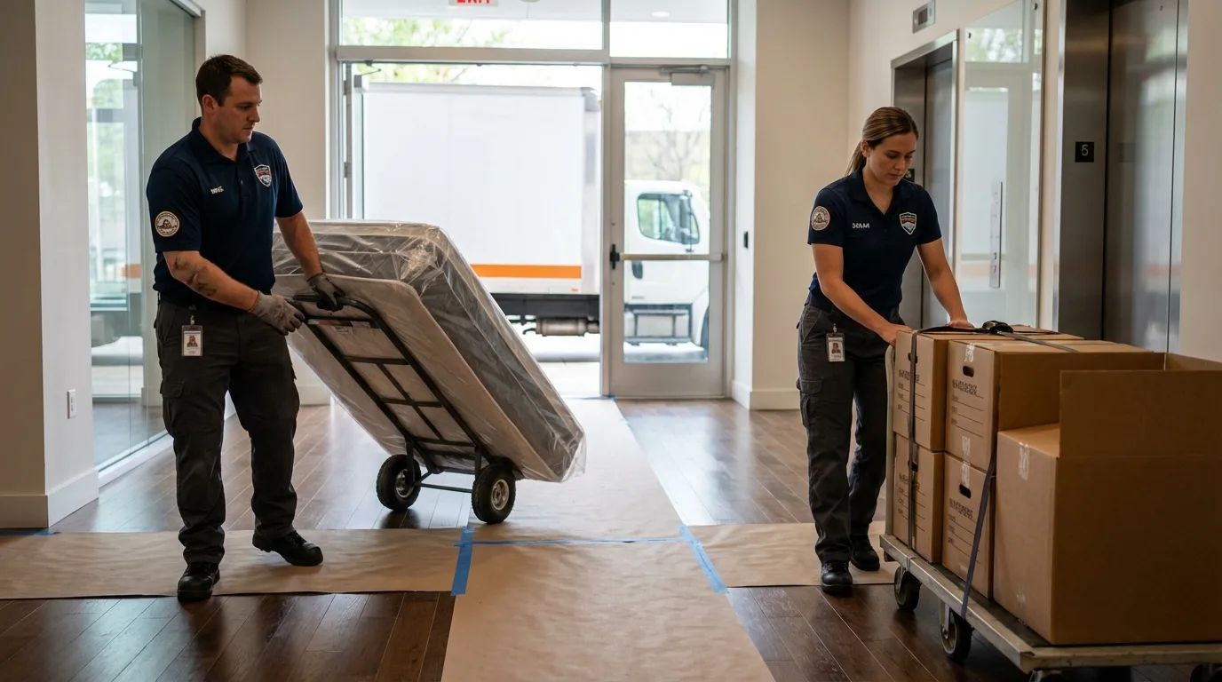 Professional apartment movers loading elevator in Haskell, TX