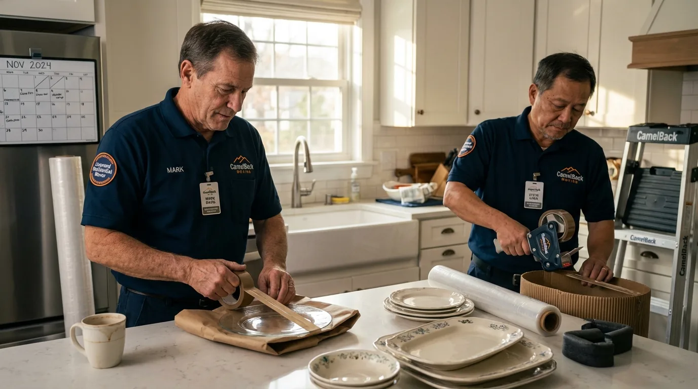 Professional crew packing kitchen dishware in Haskell, TX